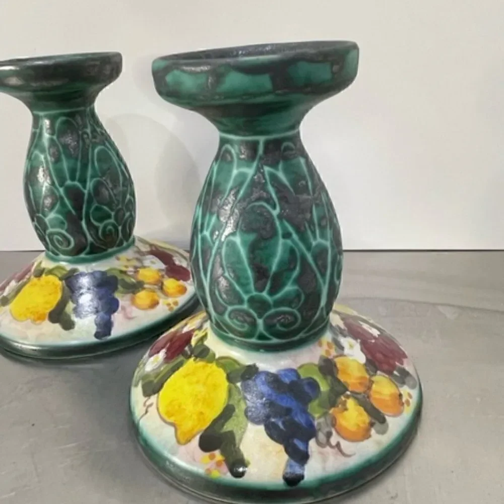 Vintage Pair of Studio Arta Per Ceramic Italy Candlesticks Fruit/Flower Motif 2